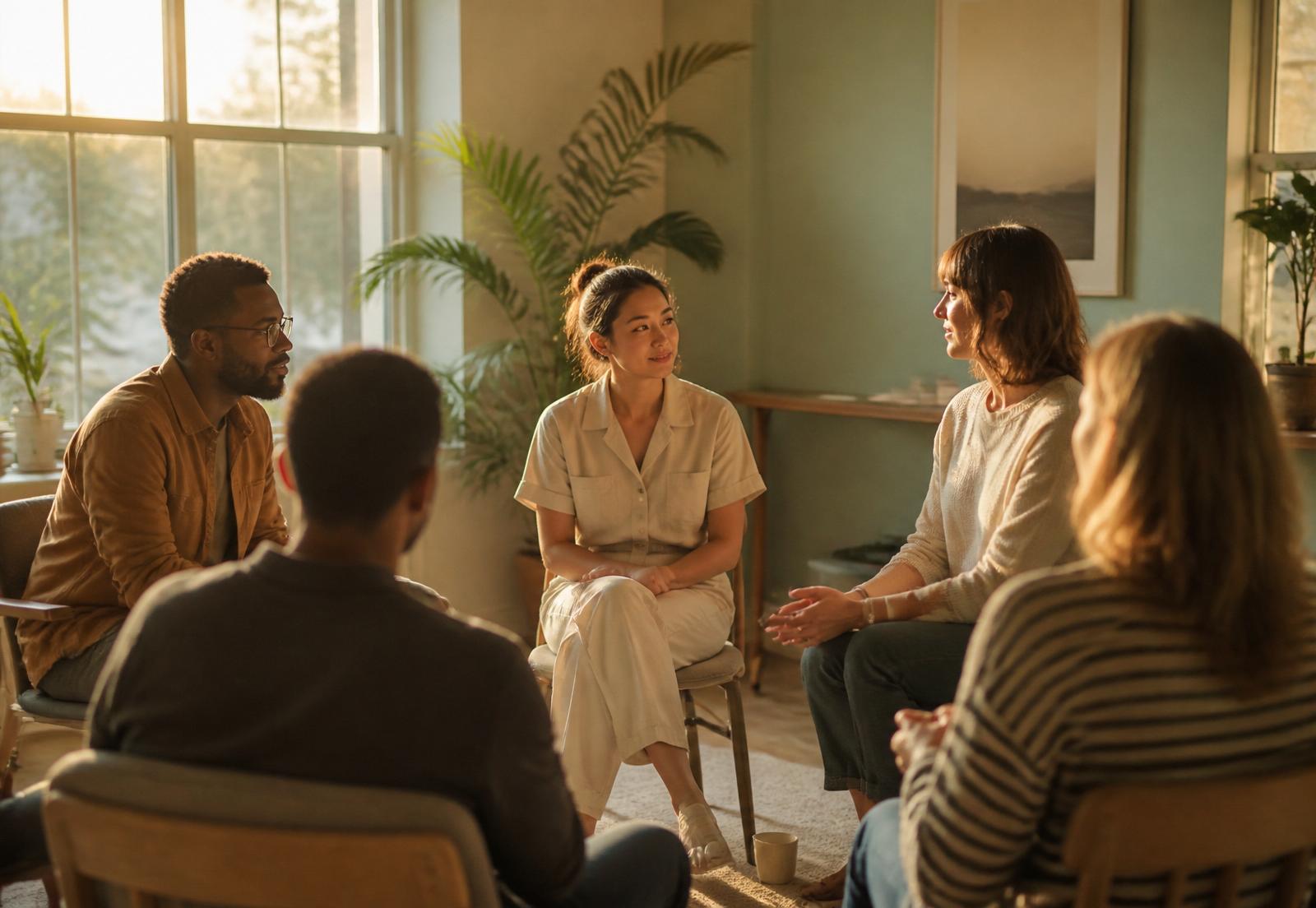Members sitting in a sunlit circle